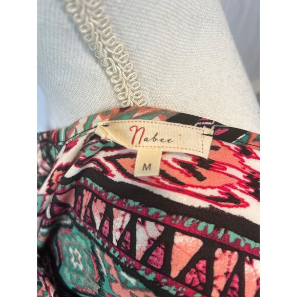 Boho Cold Shoulder Aztec Print Blouse Top Multicolor Pink Green Size M - Picture 6 of 7